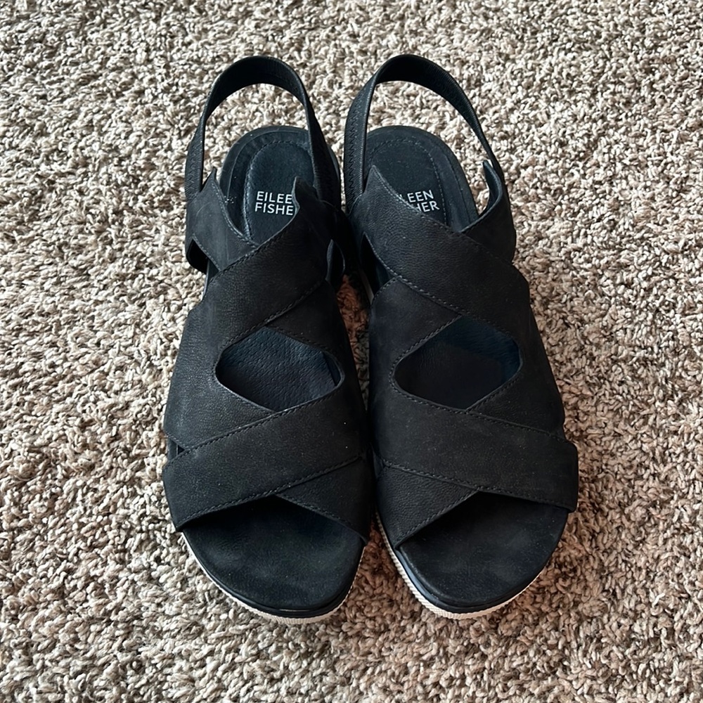 Eileen fisher black leather size 8 sport platform wedge sandals